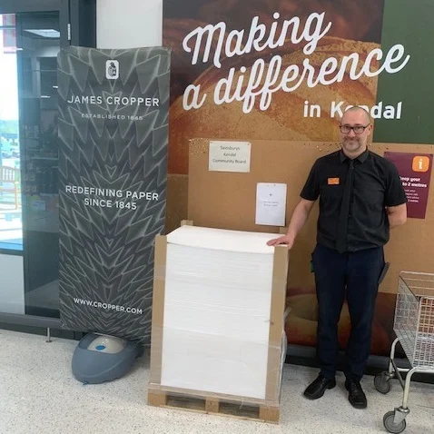 Store Manager Stuart Butters at Sainsburys at Kendal with paper supplied by James Cropper PLC